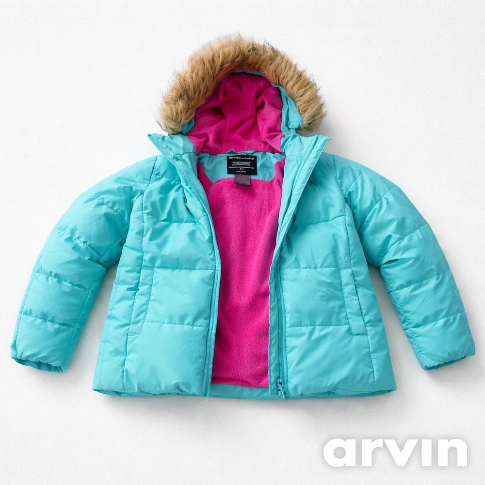 Girls Aqua Puffer Coat with Pink Fleece Lining and Faux Fur Hood